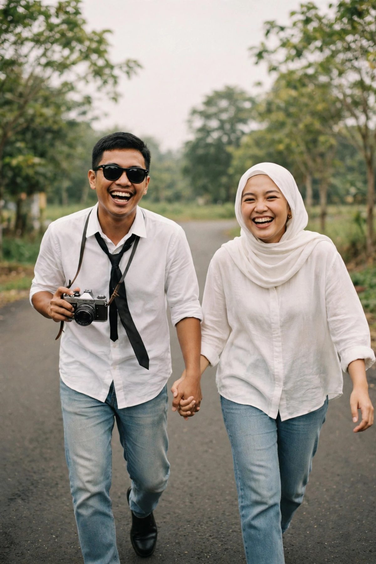 Pasangan berjalan dengan kamera vintage