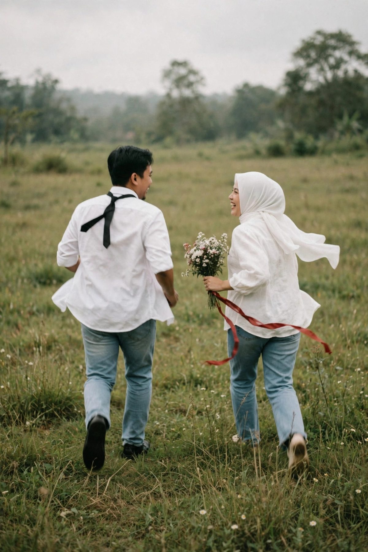 Pasangan berlari di rumput