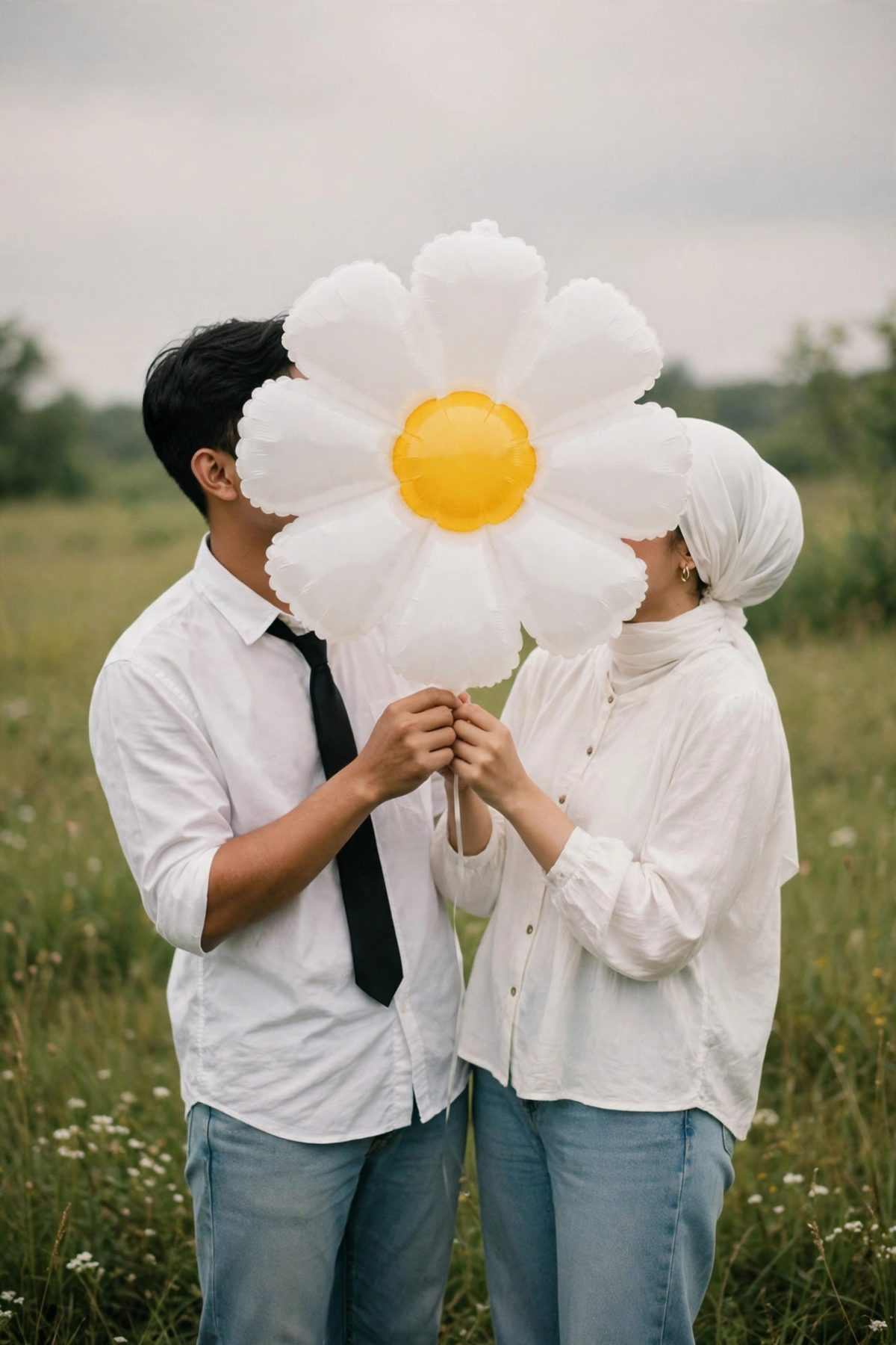 Pasangan memegang balon daisy