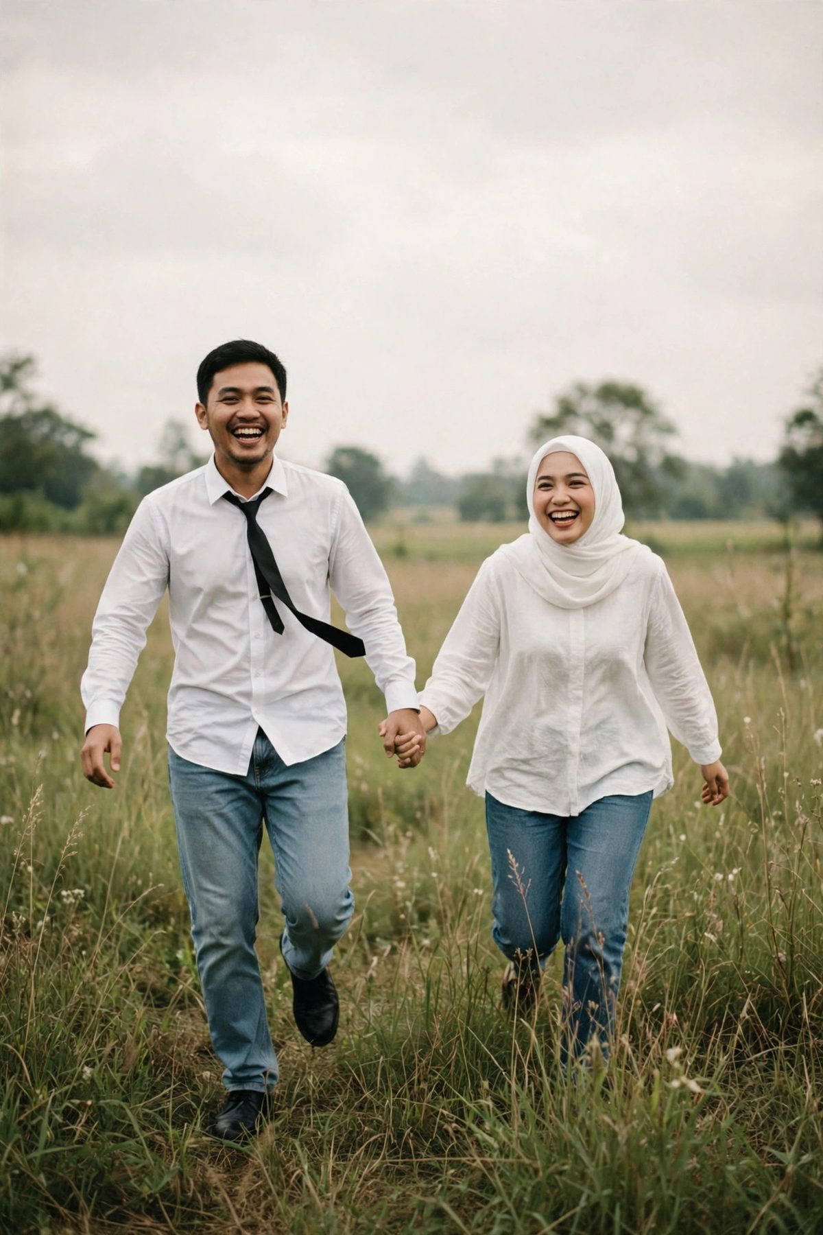 Pasangan berjalan di rumput